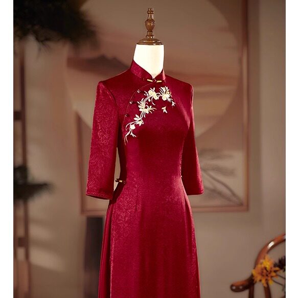 红色旗袍妈妈敬酒服婚宴礼服长裙