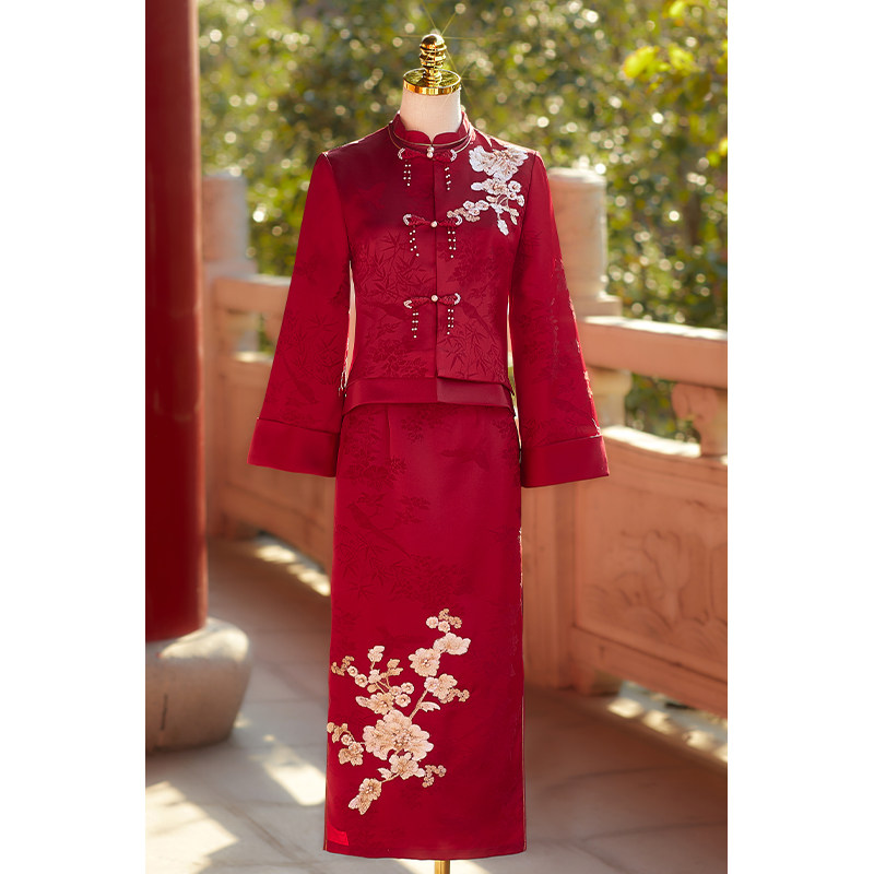 敬酒服新娘结婚礼服秋冬新中式红色刺绣国风旗袍连衣裙套装显瘦冬