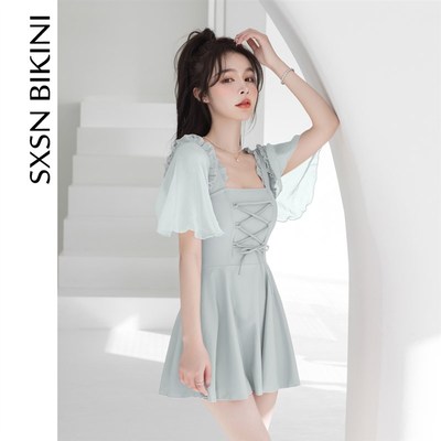 树熊少女 新款显l瘦大童方领连体裙式温泉学生保守度假游泳衣平角