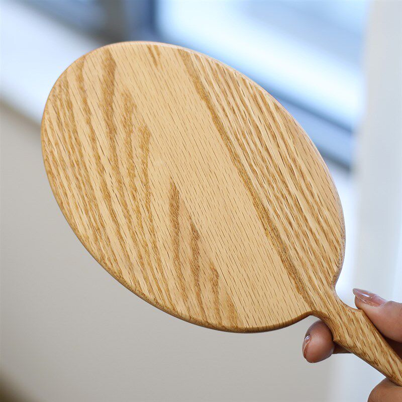 橡木超大手柄化妆镜子便携实木手持梳妆美容院镜定制LOGO刻字