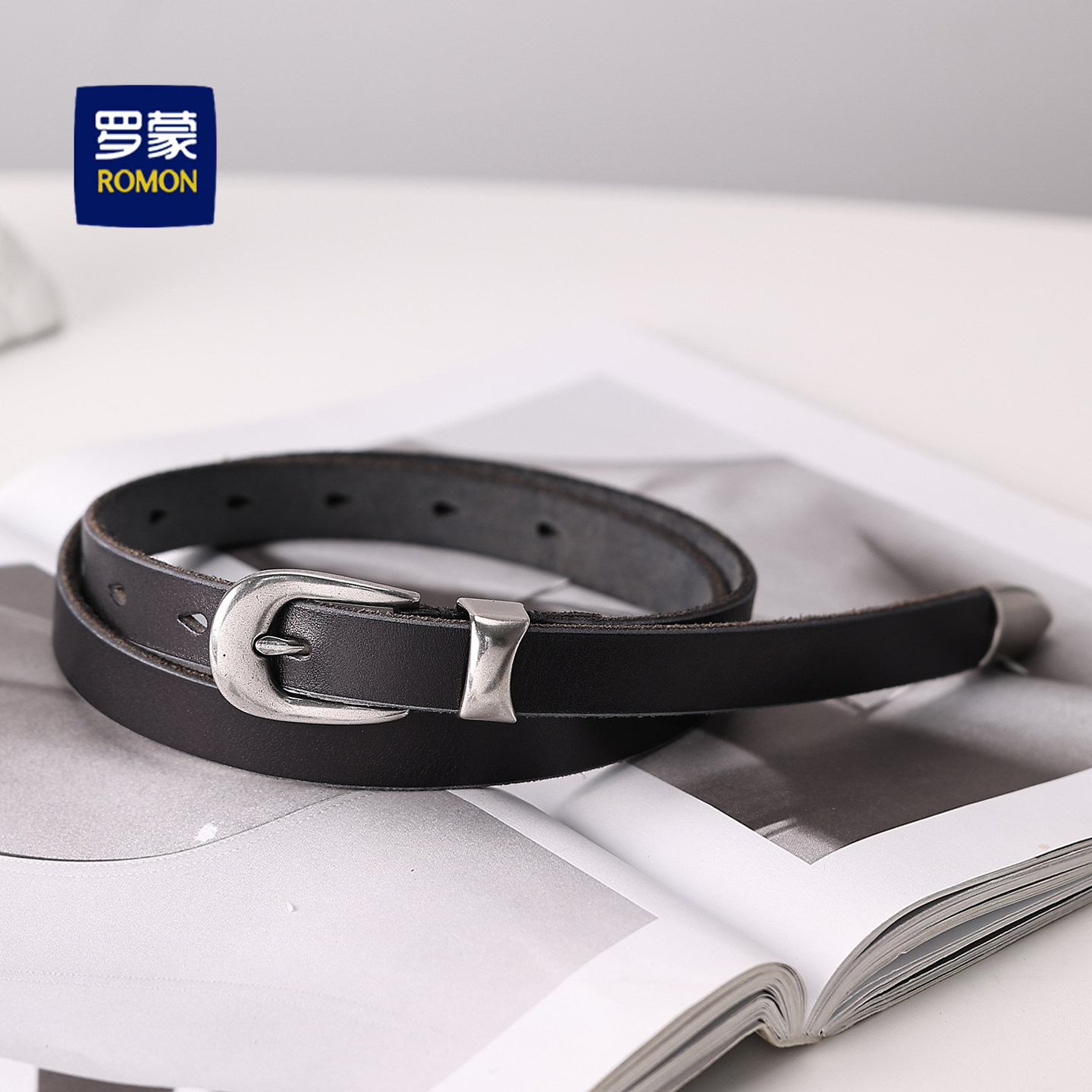 罗蒙原创针扣细窄款头层牛皮带小众设计感cleanfit黑腰带潮男女款