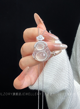 新中式纯银白玉髓佛公吊坠项链