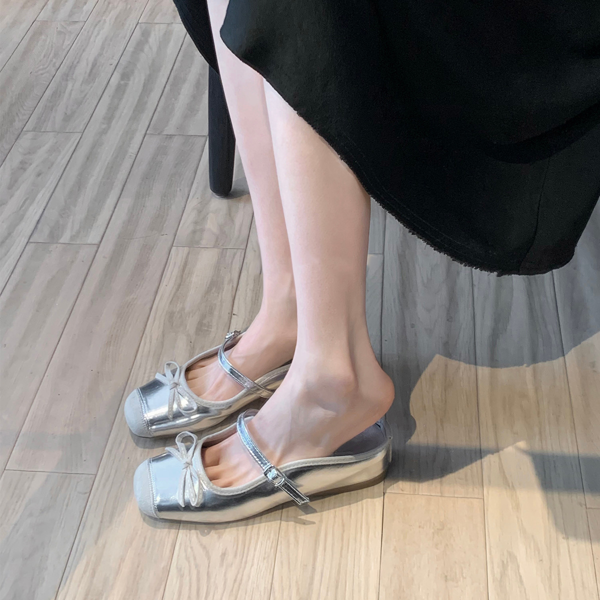 羊皮版银色蝴蝶结芭蕾舞鞋女夏外穿一字带半拖鞋内增高浅口单鞋