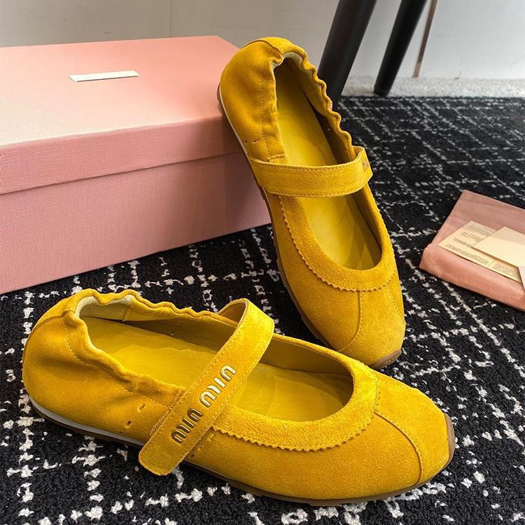 牛皮版miu家小众真皮魔术贴单鞋女平底浅口德训鞋休闲运动芭蕾鞋