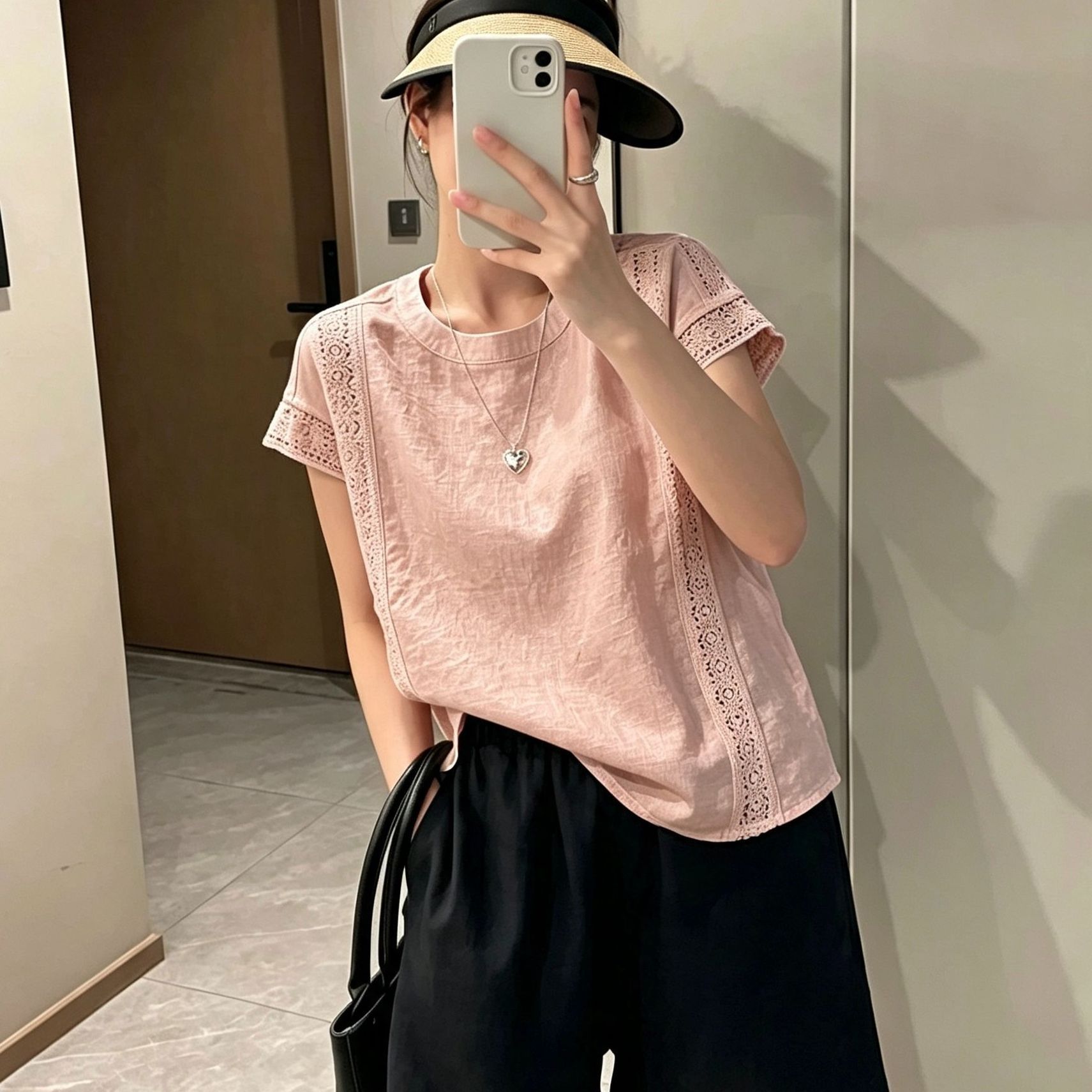温柔棉麻立领花边纯色中袖衬衫女夏季新款文艺宽松显瘦百搭休闲女