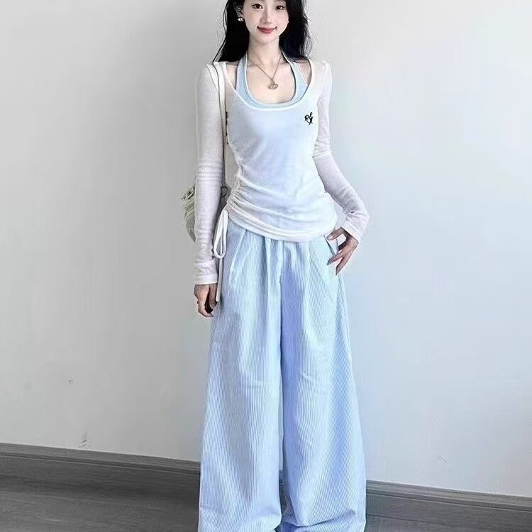 多巴胺洋气三件套女秋季防晒绣花长袖罩衫挂脖背心阔腿裤时尚套装