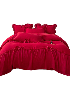 简约全棉结婚四件套大红色备婚床单被套公N主婚庆床上用品婚房