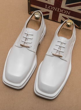 白色方头皮鞋男20l23新款潮流个性厚底内增高德比鞋商务正装小白