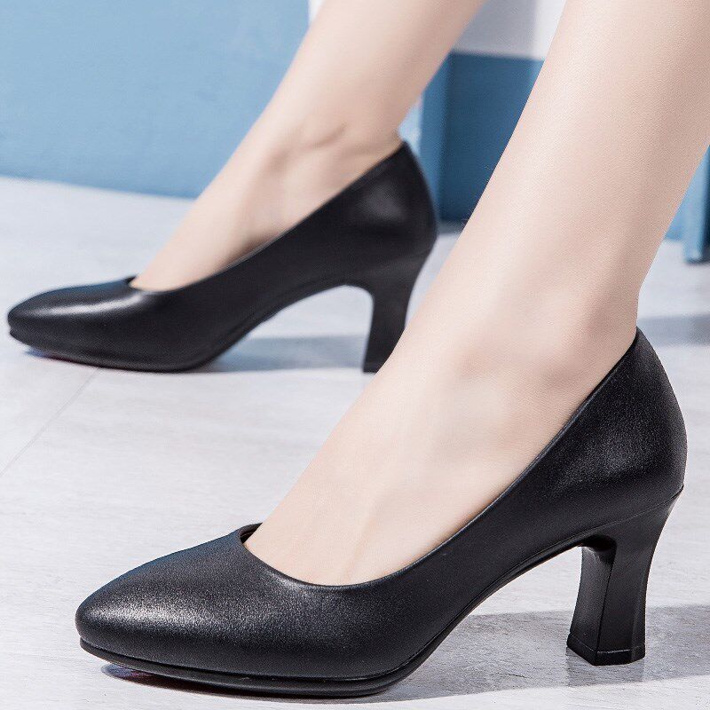 春气质尖头礼仪黑色高跟鞋t7cm 职业工作鞋女粗跟单鞋正装高跟皮