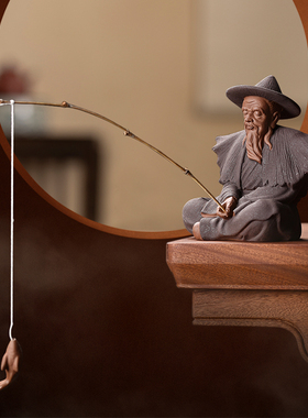 姜太公钓鱼人物陶j瓷客厅摆件鱼翁老头鱼缸造景假山盆景装饰品配