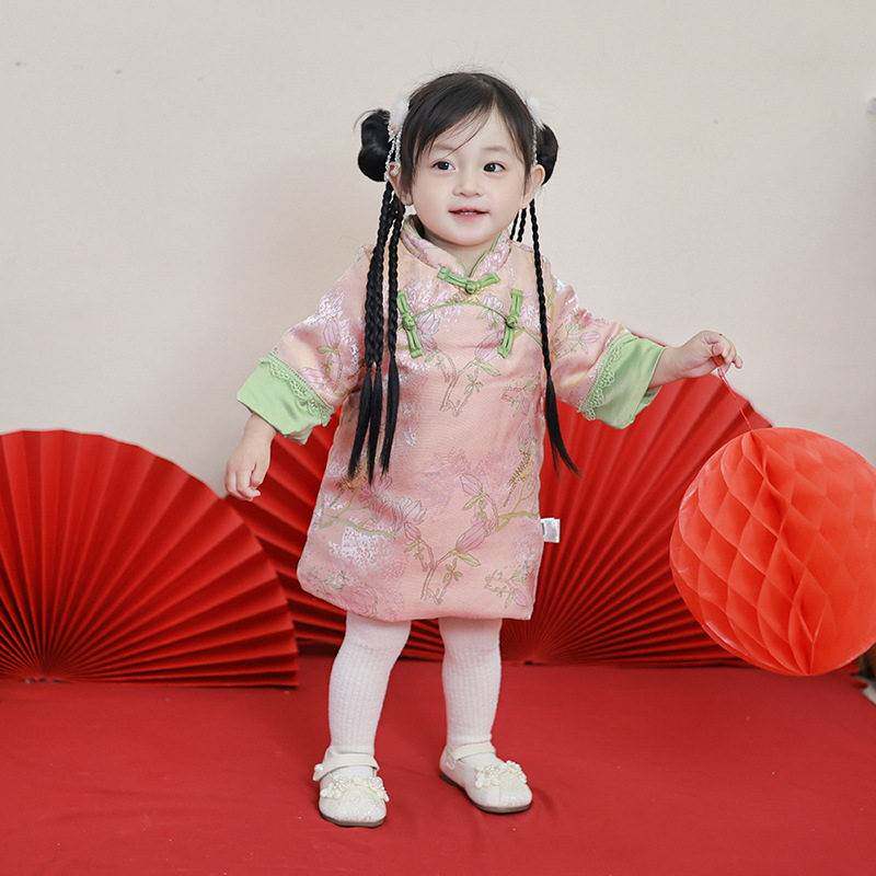 儿童旗袍冬季加绒女童旗袍周岁礼服女中式秋冬款花鸟旗袍