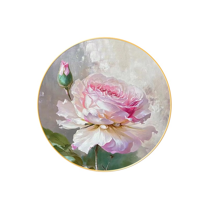 牡丹花入户玄关装饰画圆形轻奢餐厅壁画走廊过道挂画客厅led灯画图片