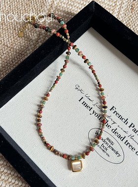 chouchou项链女天然虎眼石串珠饰品复古油画感安可拉红锁骨链秋