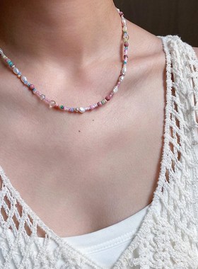 夏日多巴胺小众轻奢复古项链气质氛围感巴洛克串珠超仙锁骨链颈链