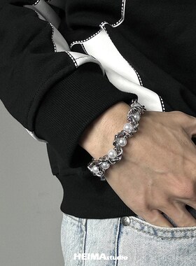 欧美缠绕珍珠手链男女嘻哈钛钢百搭小众设计高级感手饰潮流个性