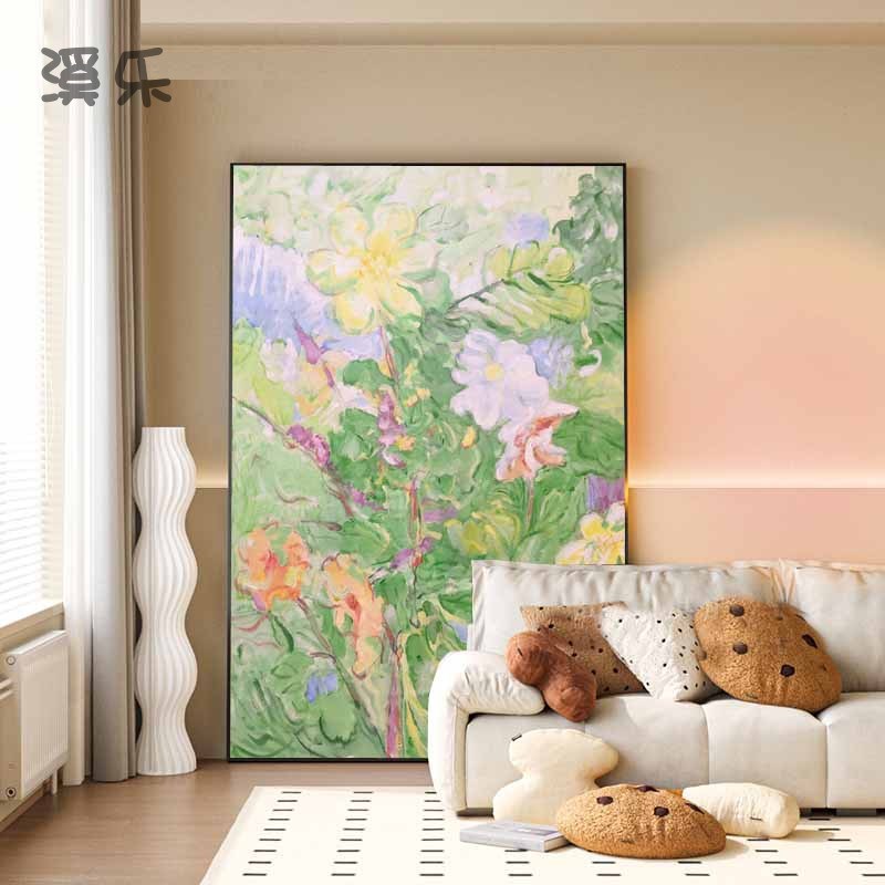 溪乐多巴胺抽象花卉装饰画非手绘油画客厅画竖版奶油风玄关挂画图片