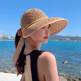 可扎马尾帽子女夏季遮阳草帽海边镂空透气凉帽空顶遮脸防晒太阳帽