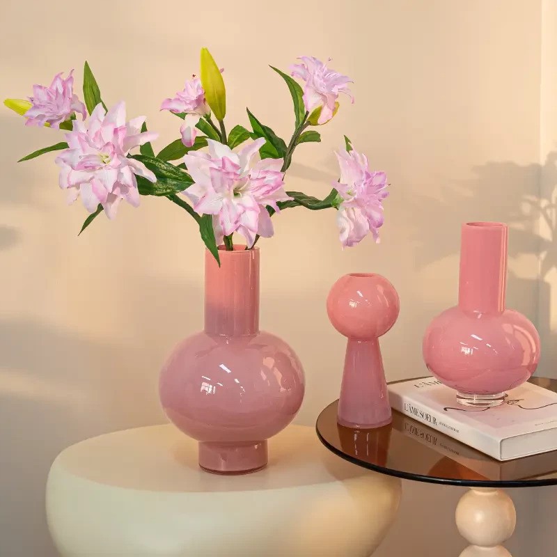 视远工艺品创意高脚中古玻璃水培花瓶粉色简约高级感花器装饰摆件