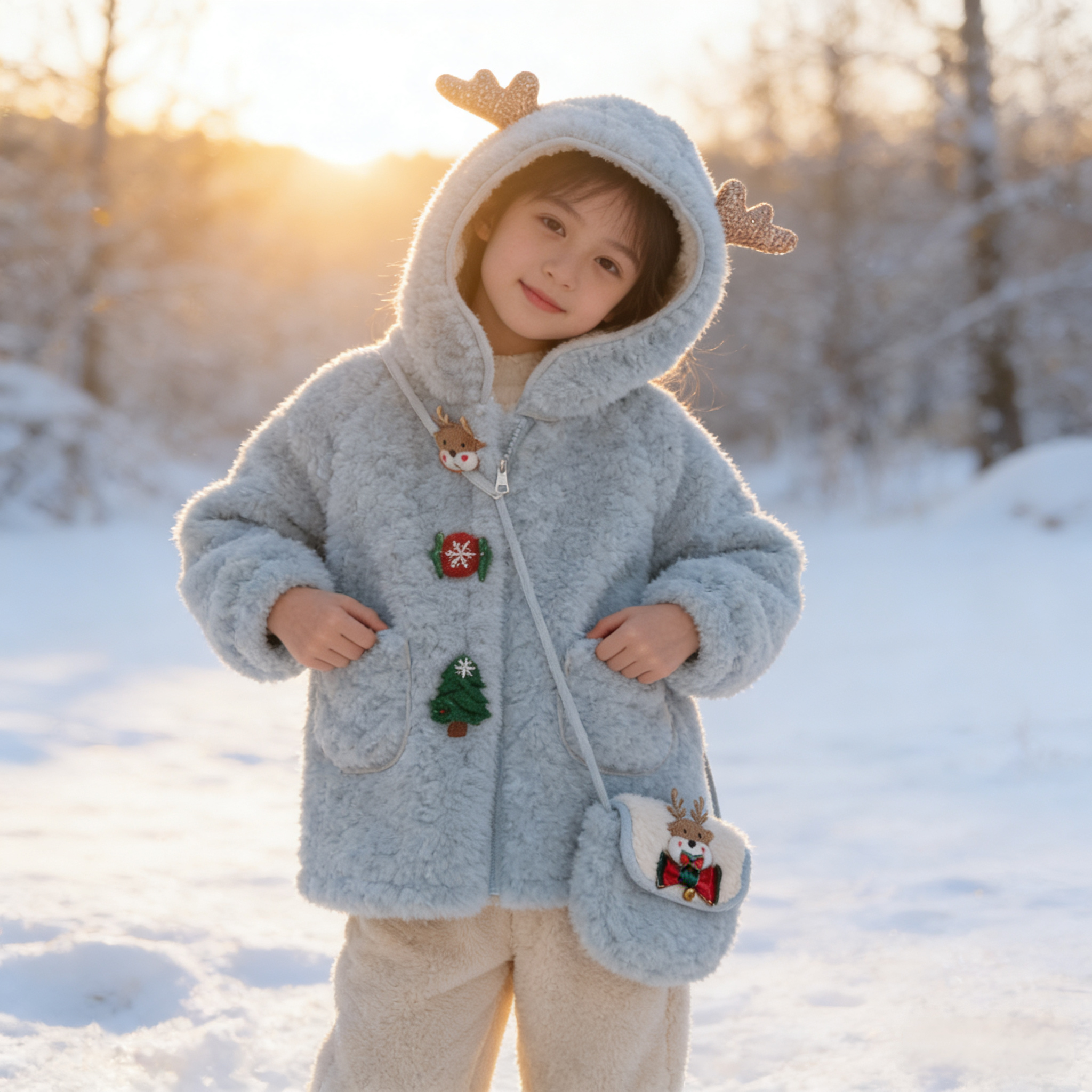 110-150码儿童秋冬加绒外套女童毛毛衣外套圣诞节主题加厚兔绒衣