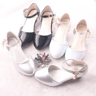 女童高跟皮鞋学生舞台表演银色演出鞋儿童牛筋软底包头女孩公主鞋