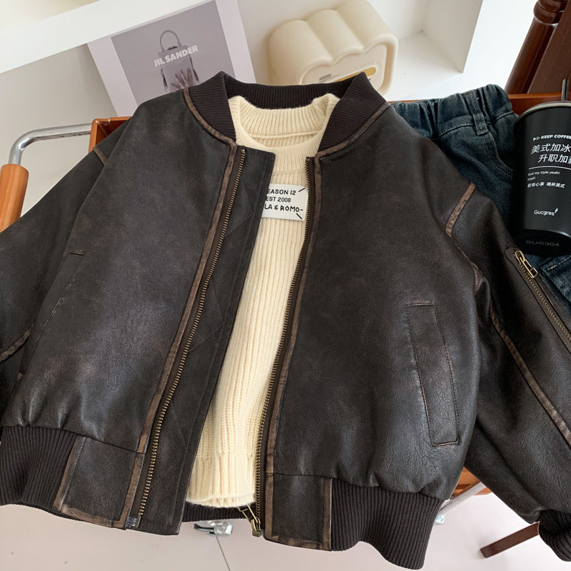 男童秋装皮衣帅气港风儿童装复古PU皮夹克中童潮酷炸街机车服外套