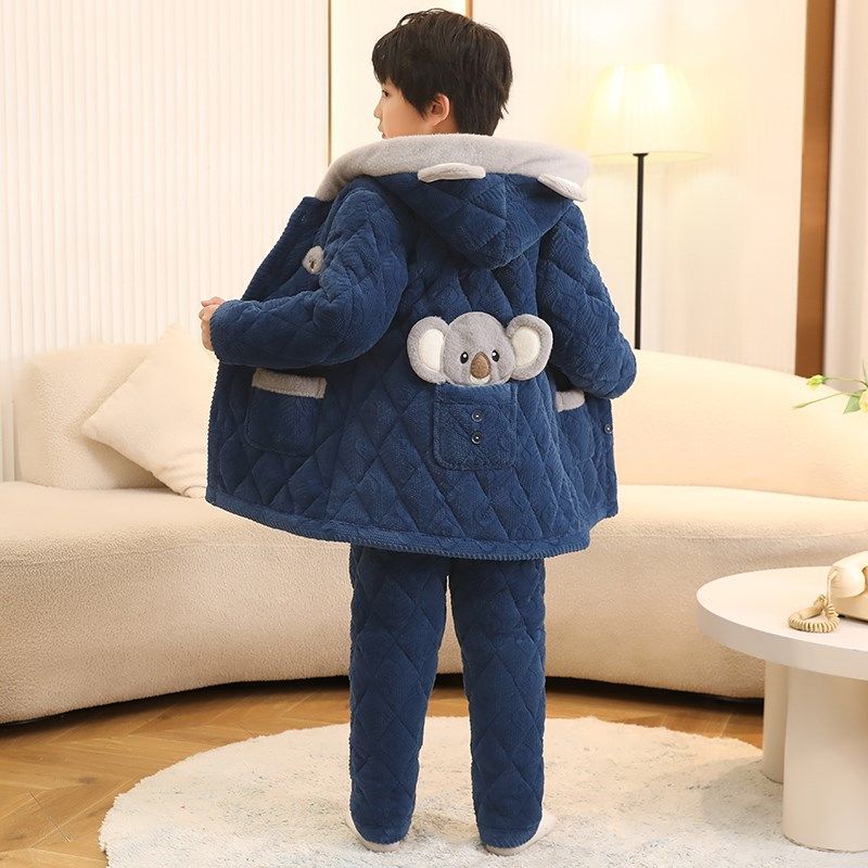 儿童睡衣冬季三层夹棉加厚男童女童法兰绒超厚带帽保暖家居服套装