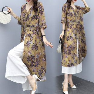 2021年新款女装夏季宽松大码印花上衣棉麻裤两件套时尚套装民族风