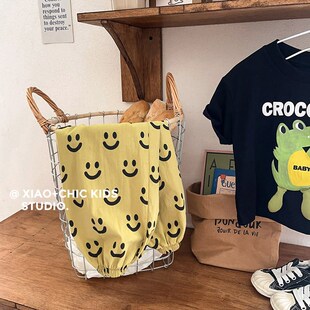 轻薄透气~夏季儿童黄色笑脸印花男童女童防蚊裤纯棉长裤宽松裤子