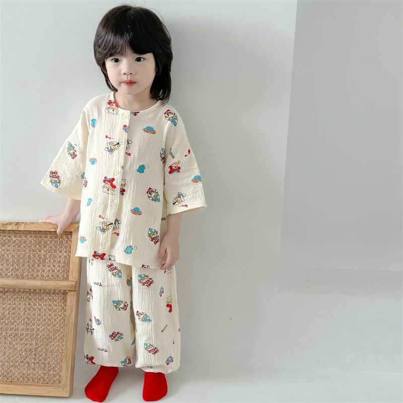 空调房护关节神器~夏季男童中袖长裤家居服纱布纯棉A类女宝宝睡衣