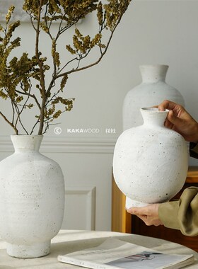 小口白色磨砂粗陶瓶侘寂禅意陶瓷插花干花摆件土陶罐电视柜装饰