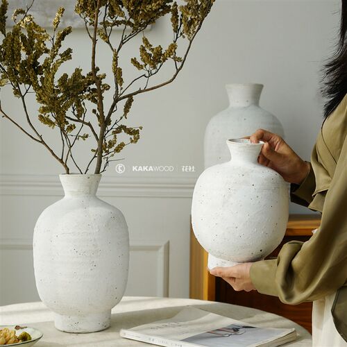 小口白色磨砂粗陶瓶侘寂禅意陶瓷插花干花摆件土陶罐电视柜装饰
