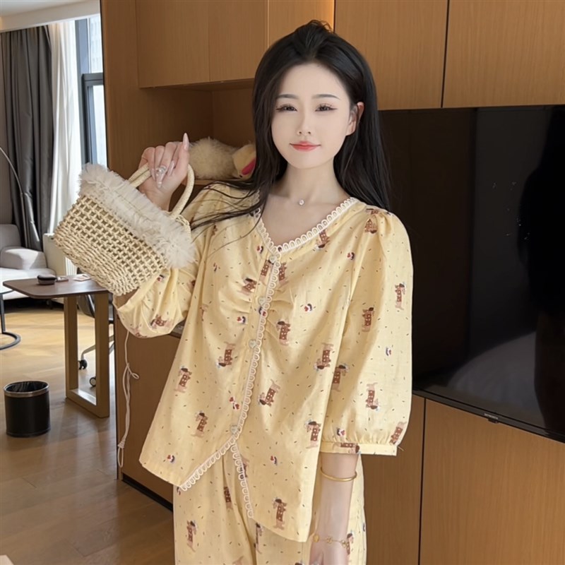 夏季可爱休闲显瘦v领纯棉双层纱中袖睡衣套装女家居服可外穿宽松