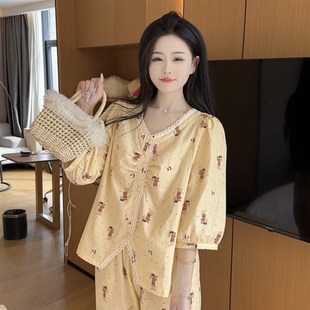 夏季可爱休闲显瘦v领纯棉双层纱中袖睡衣套装女家居服可外穿宽松