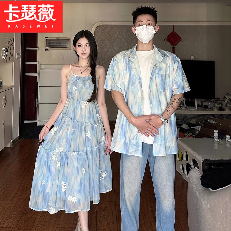 情侣装夏季衬衫印花吊带裙连衣裙宽松海边沙滩休闲度假风一衣一裙