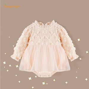 婴儿春秋季衣服女宝宝韩版甜美洋气立体花网纱公主礼服包屁哈衣