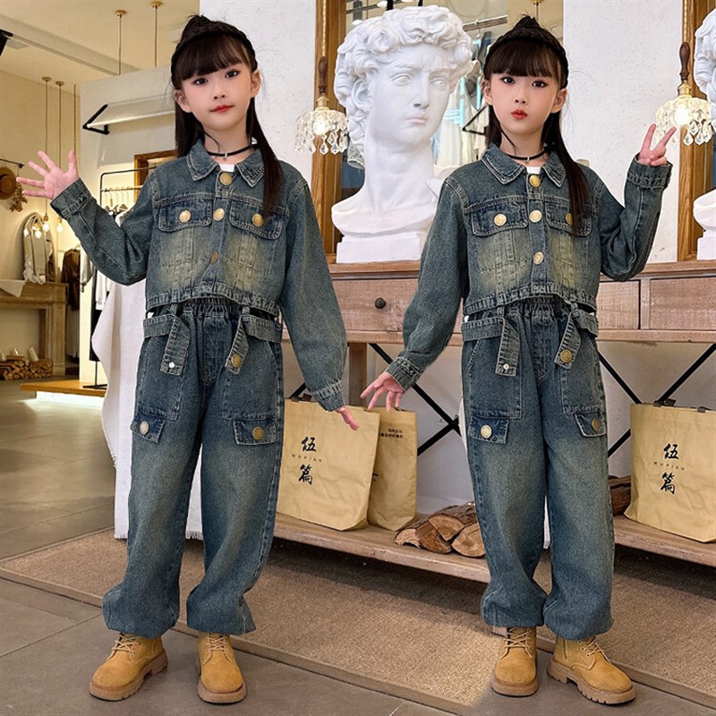 女童牛仔套装美式外套复古设计工装裤早秋穿搭时髦小女孩两件套潮