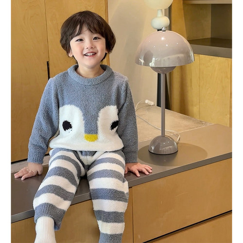 儿童睡衣秋冬款男童冬季家居服软绵绵套装2024新款男孩双面半边绒