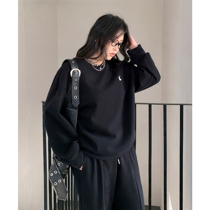 CV大码女装 2024冬季新款圆领刺绣加绒卫衣松紧腰休闲裤微胖套装