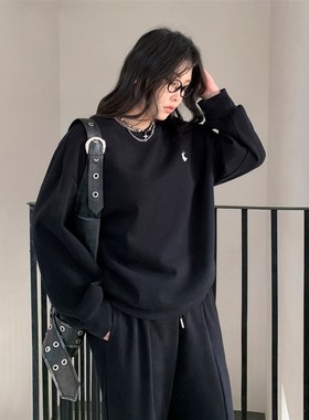 CV大码女装 2024冬季新款圆领刺绣加绒卫衣松紧腰休闲裤微胖套装