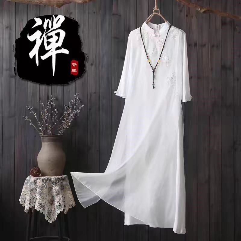 2024新款禅意文艺雪纺连衣裙改良版旗袍仙气中国风气质茶服女