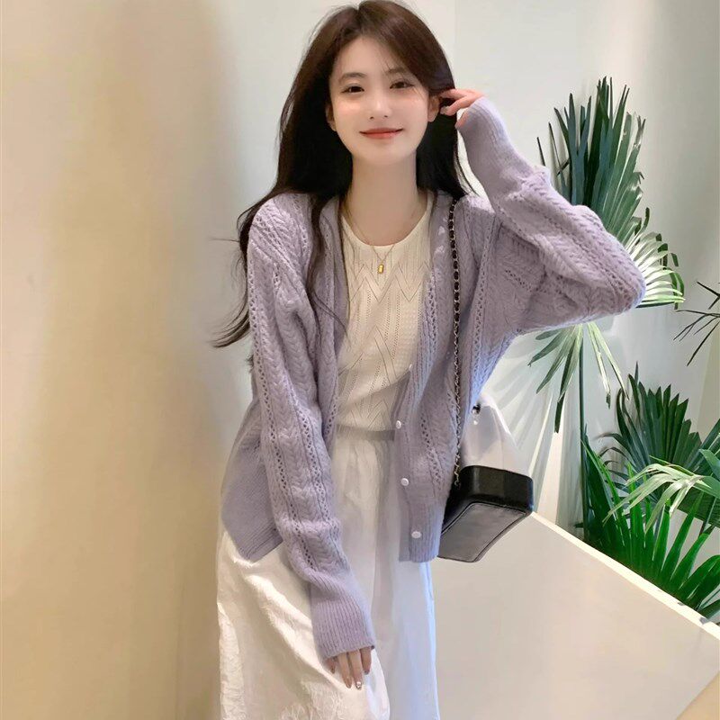紫色镂空毛衣薄款外套女2024春夏温柔风开衫气质马海毛针织衫上