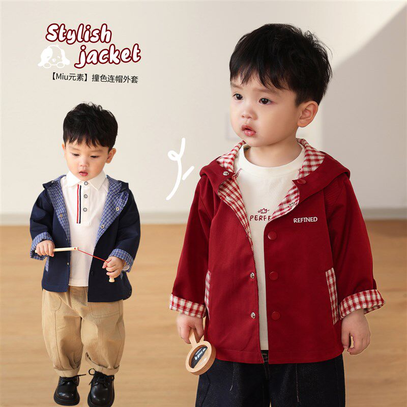 小O爸男婴童 男宝宝连帽风衣外套春秋2025年新款一岁红色婴儿春装