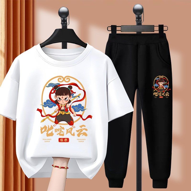 哪吒男童套装2025新款儿童夏装休闲男孩短袖t恤长裤纯棉两件套