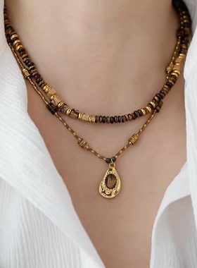 美拉德天然虎眼石串珠项链女轻奢小众高级感锁骨链秋冬复古毛衣链