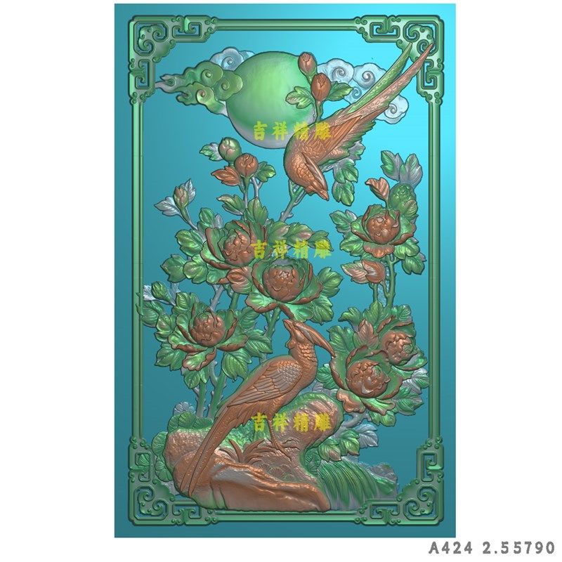 花开富贵牡丹花鸟浮雕扫描图精雕图古建J石雕木雕照壁影壁电脑雕