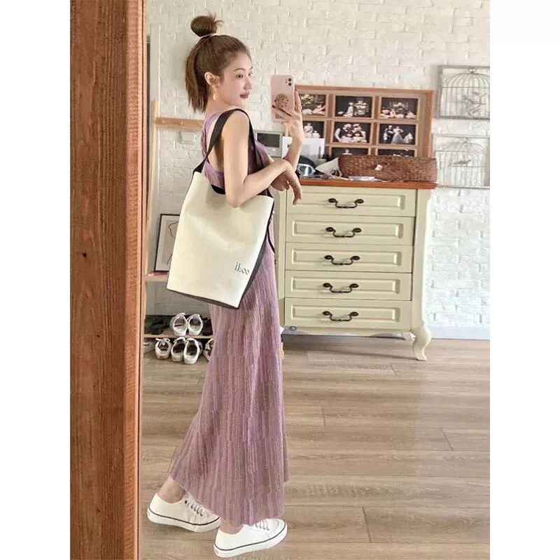 海边度假茶歇法式小众裙子质感高级感别致紫色背心吊带连衣裙女装