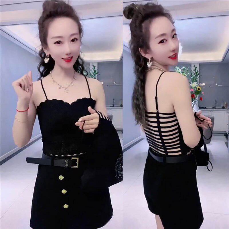港风小吊带女外穿2022法式别致网红爆款花瓣美背背心蕾丝内搭上衣