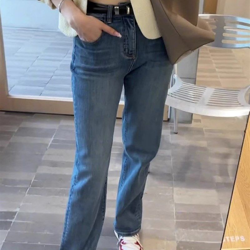 窄版弹力直筒牛仔裤女秋冬新款胖妹妹mm宽松显瘦梨形身材阔腿长裤