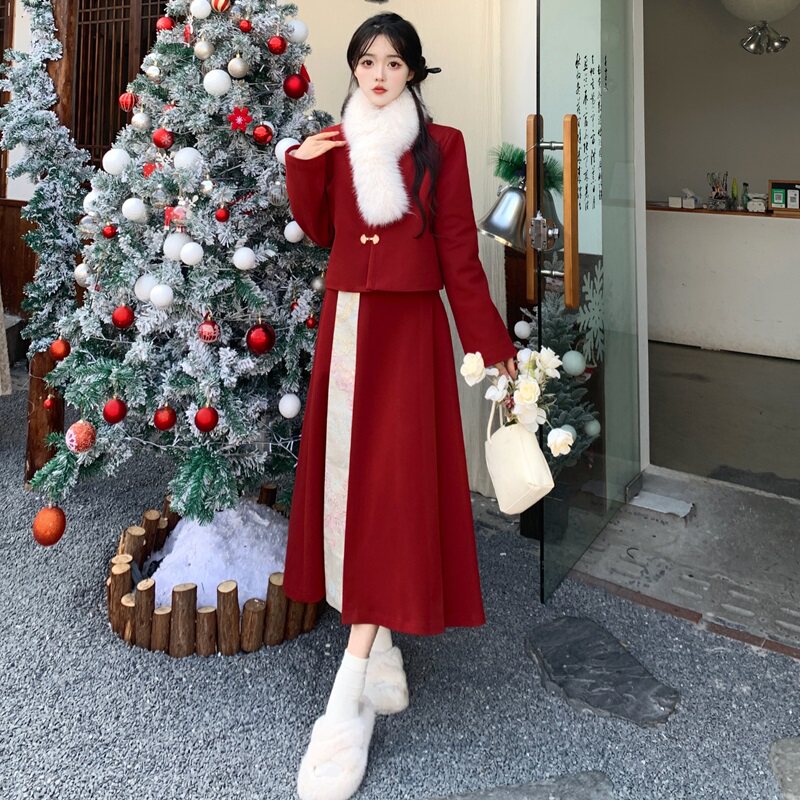 大码胖mm新中式红色毛领羽绒毛呢外套马面半身裙女秋冬改良两件套