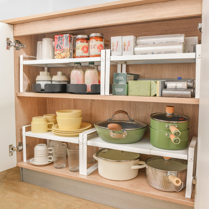 厨房橱柜分层架伸缩搁架下水槽锅具置物架台面收纳隔板白色储物架